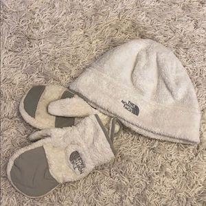 North face fuzzy white hat and mittens